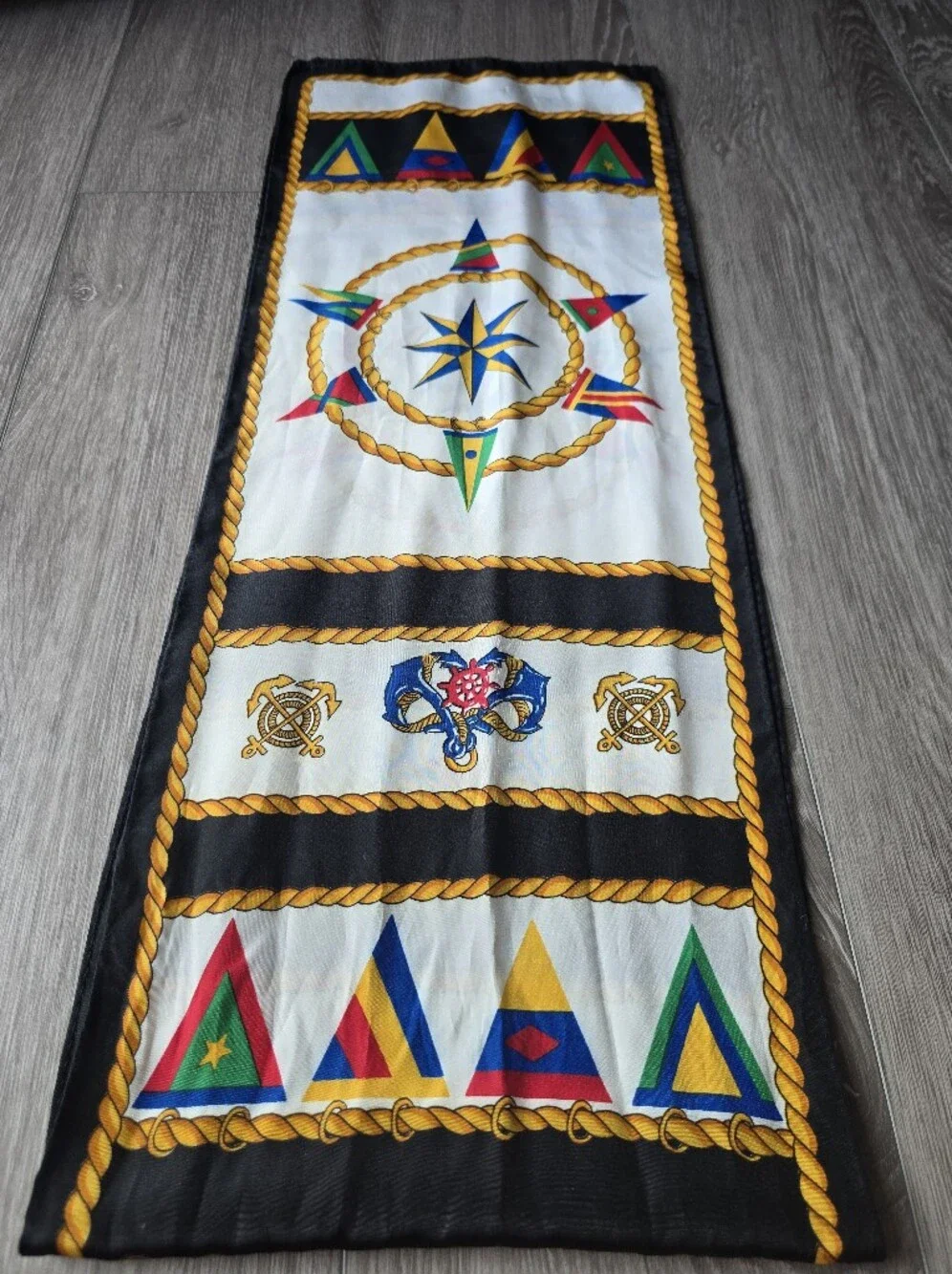 Vintage Nautical Scarf Long Black Gold Anchor Compass Rope Signal Flag Print